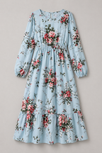 Floral Print Long-Sleeve Dress with Waist Seam