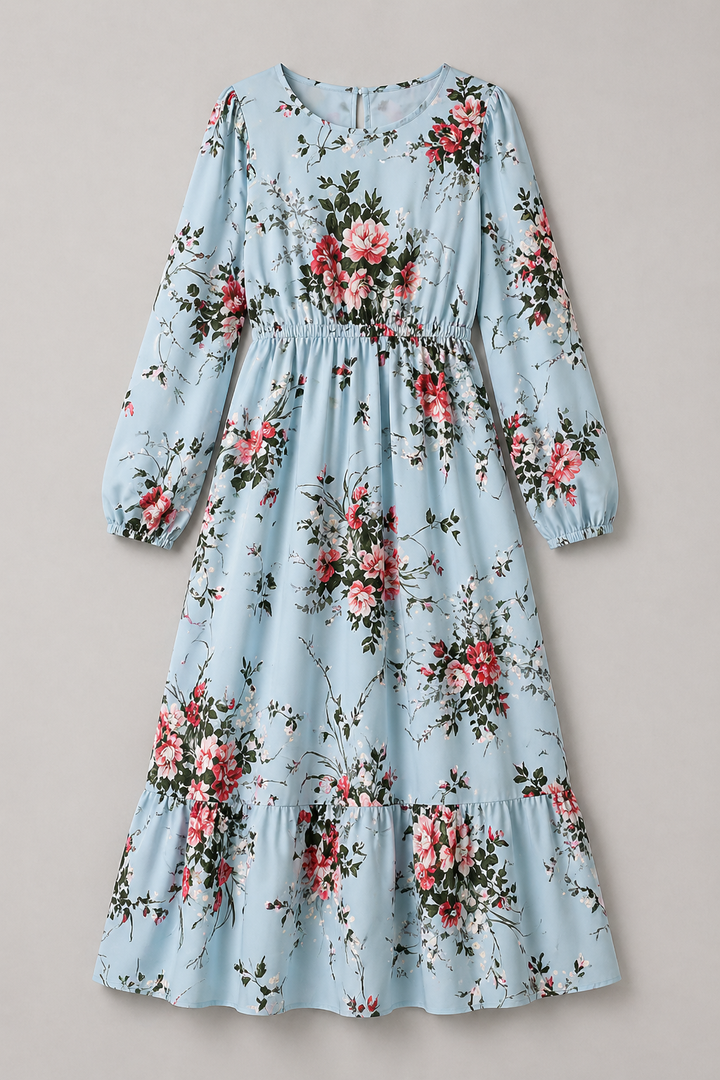 Floral Print Long-Sleeve Dress with Waist Seam