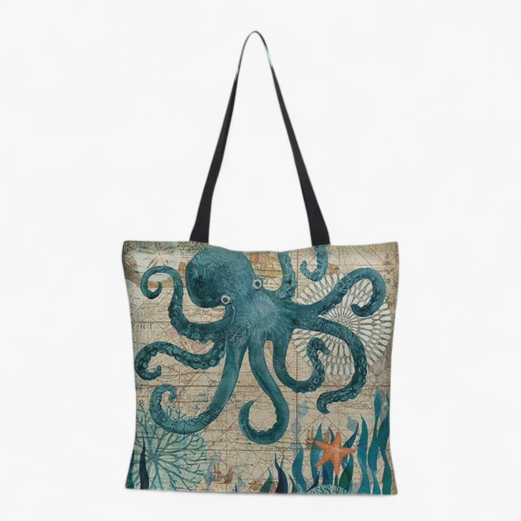 Bolso de playa de lino con vibrante estampado marino