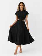 Vestido midi con cuello mao y detalle de abertura en la cintura