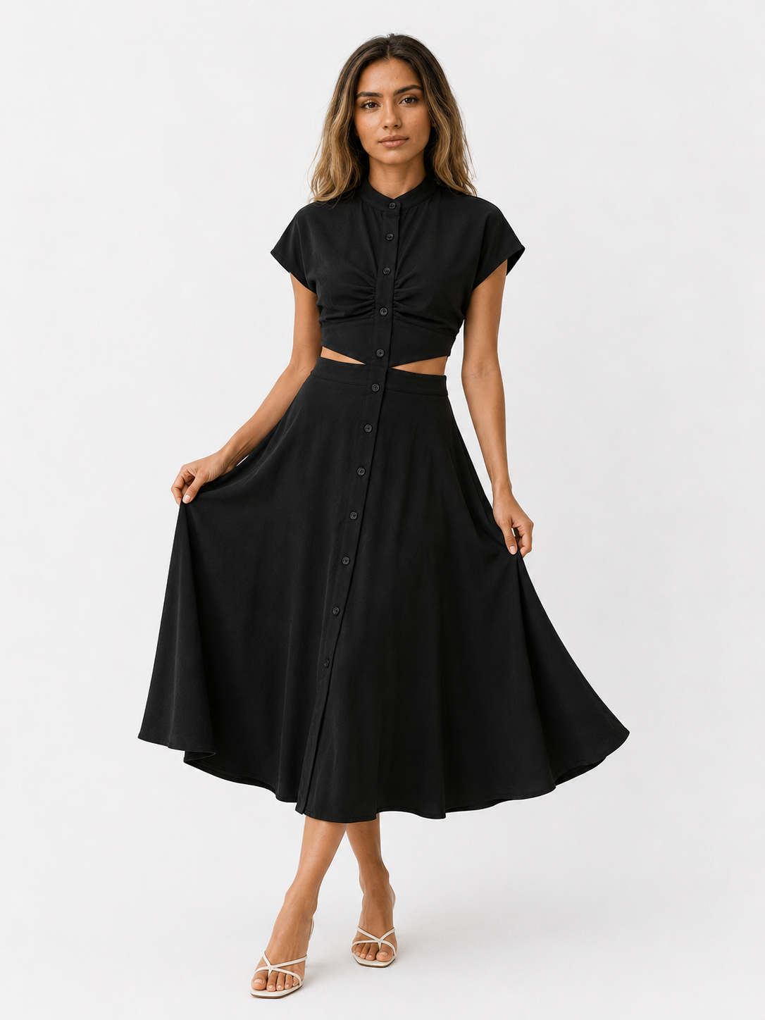 Vestido midi con cuello mao y detalle de abertura en la cintura