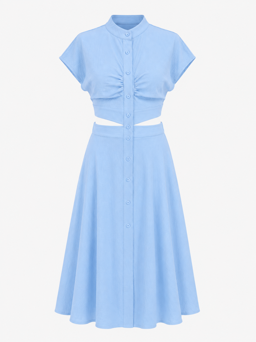 Vestido midi con cuello mao y detalle de abertura en la cintura