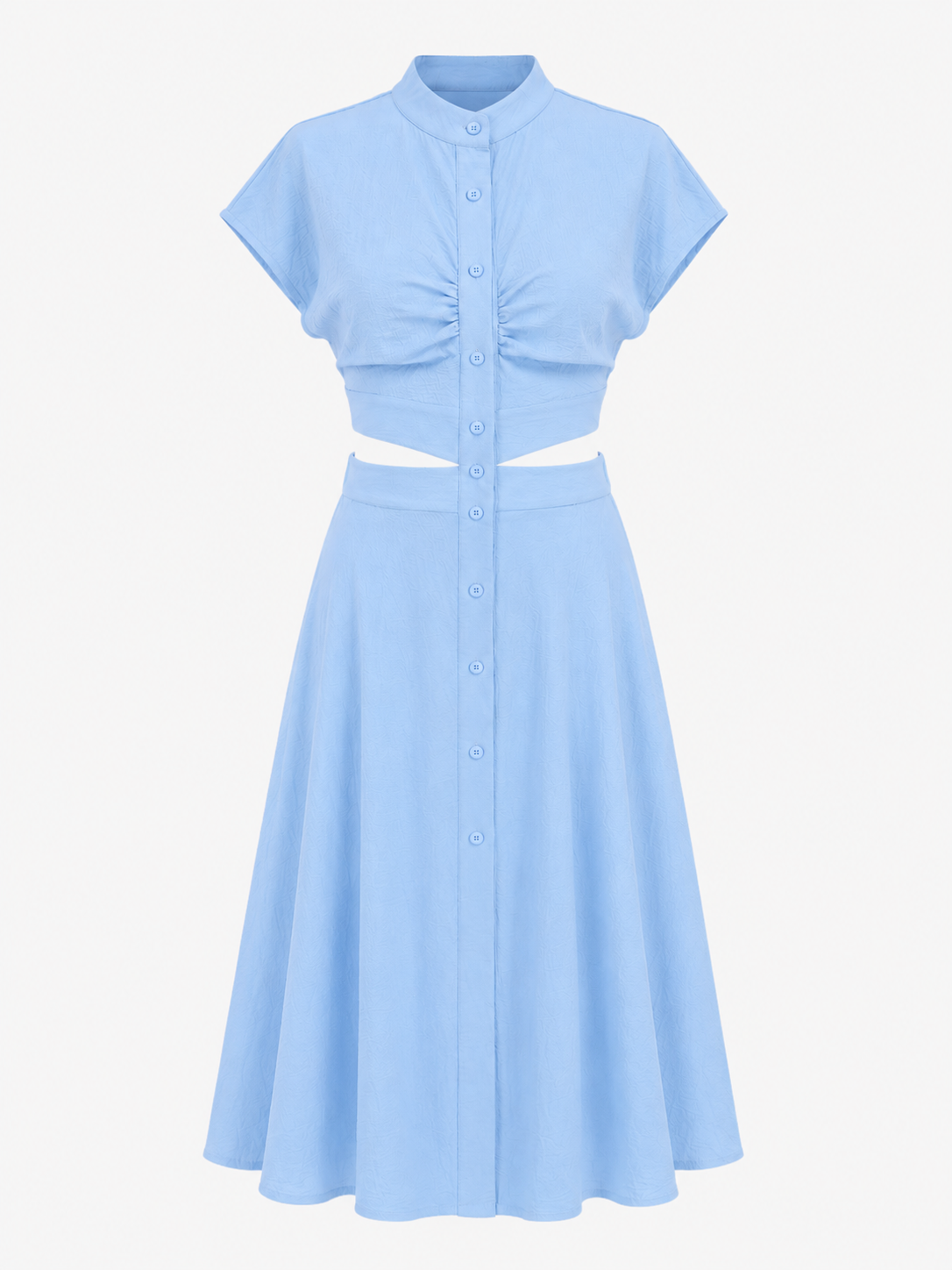 Vestido midi con cuello mao y detalle de abertura en la cintura
