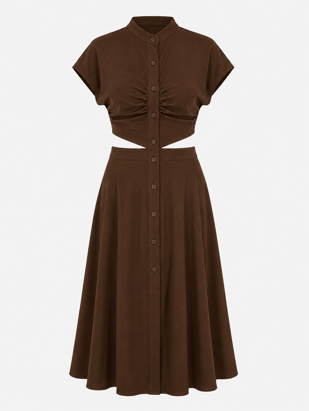 Vestido midi con cuello mao y detalle de abertura en la cintura