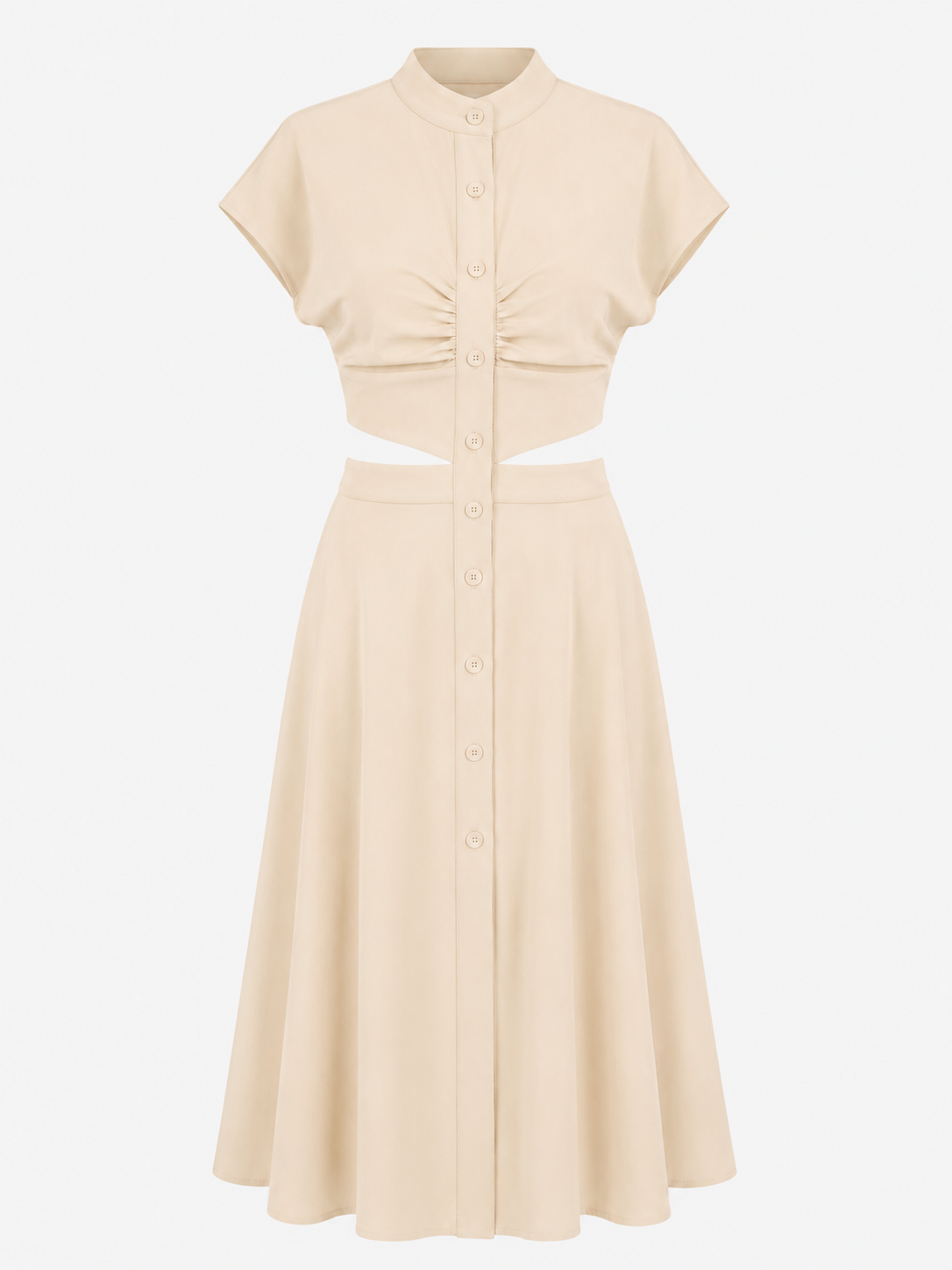 Vestido midi con cuello mao y detalle de abertura en la cintura
