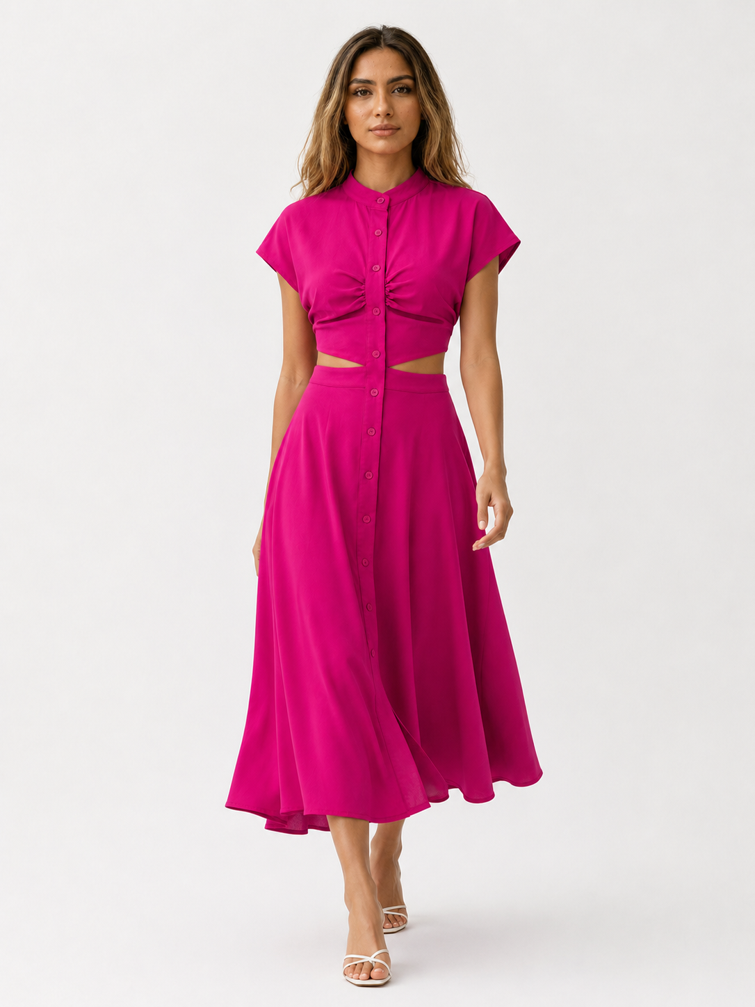 Vestido midi con cuello mao y detalle de abertura en la cintura