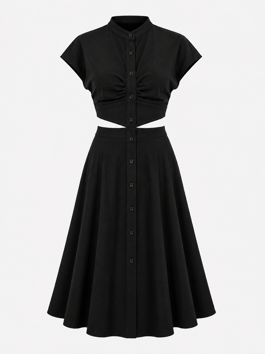 Vestido midi con cuello mao y detalle de abertura en la cintura