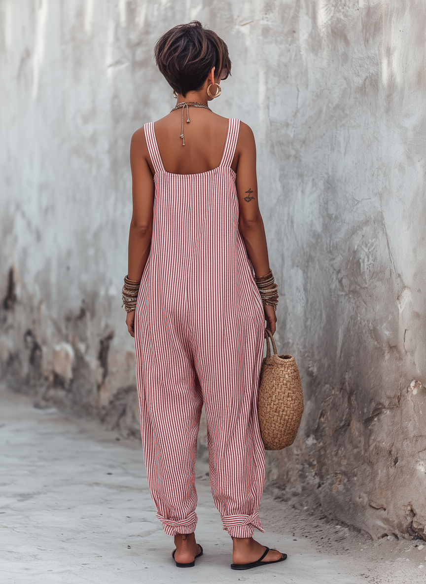 Striped Square Neck Jumpsuit with Loose Fit