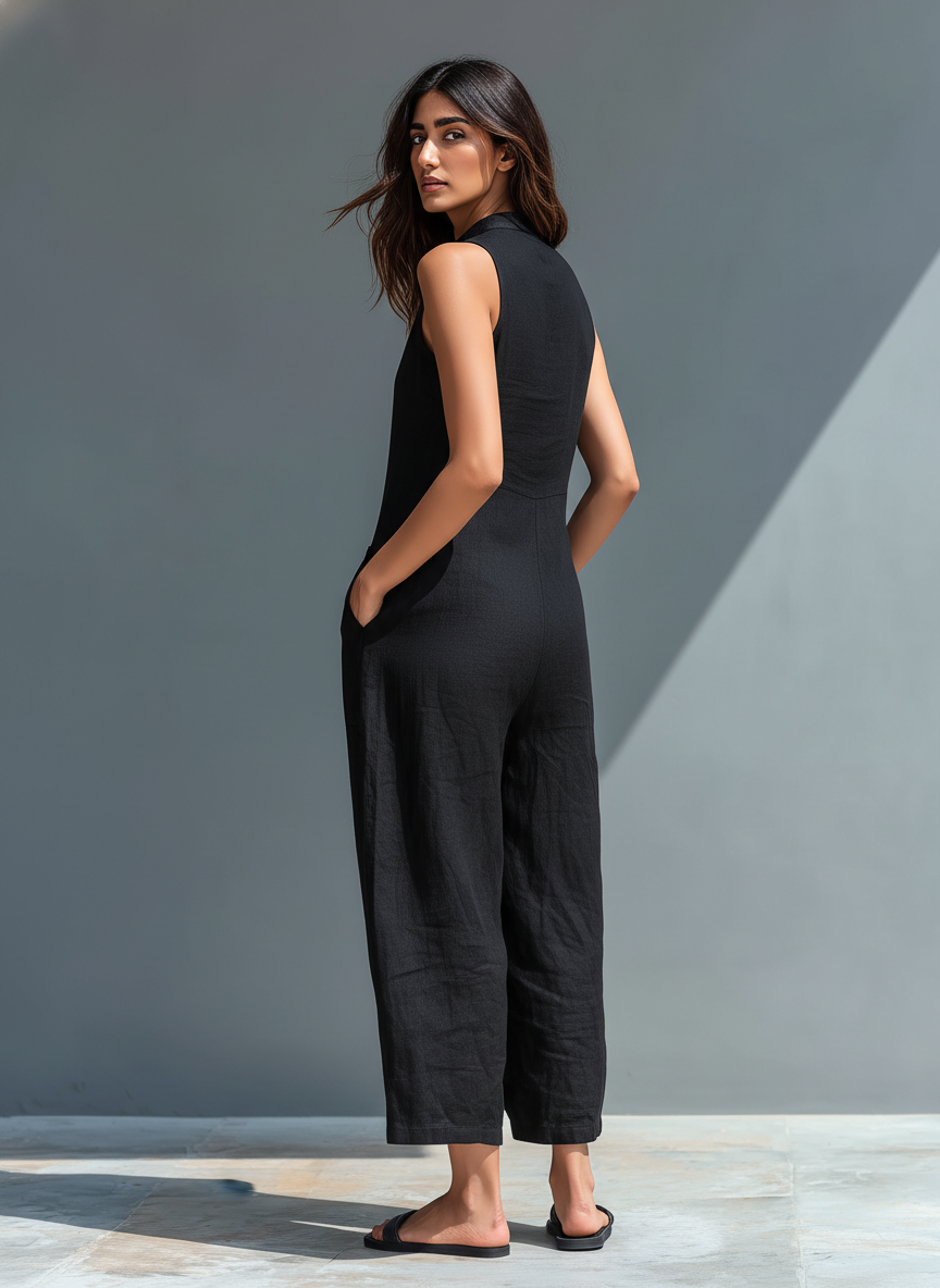 Sleeveless Jumpsuit with Pockets and Clean Line