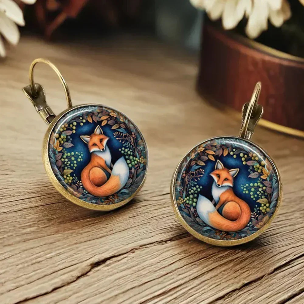 Animal Glass Dome Earrings in Fox, Cat or Chicken Designs