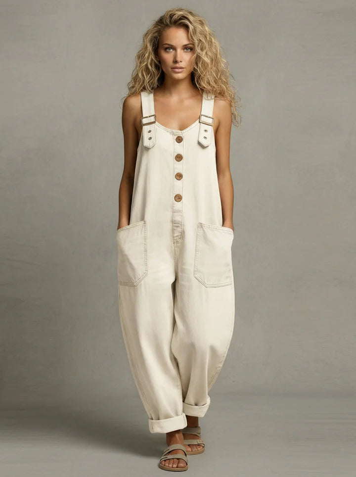Button-Front Jumpsuit with Adjustable Straps