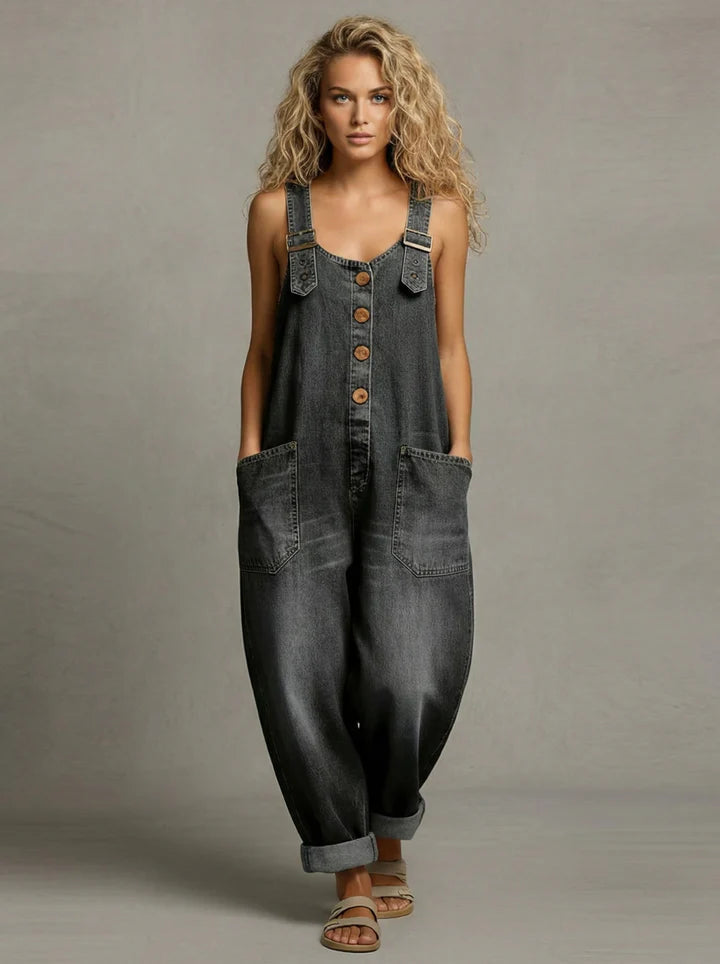 Button-Front Jumpsuit with Adjustable Straps