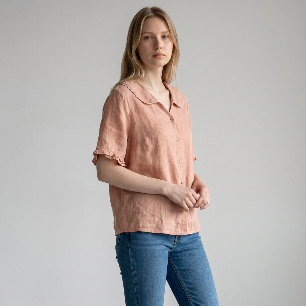 Linen Blouse with Scalloped Collar and Relaxed Fit
