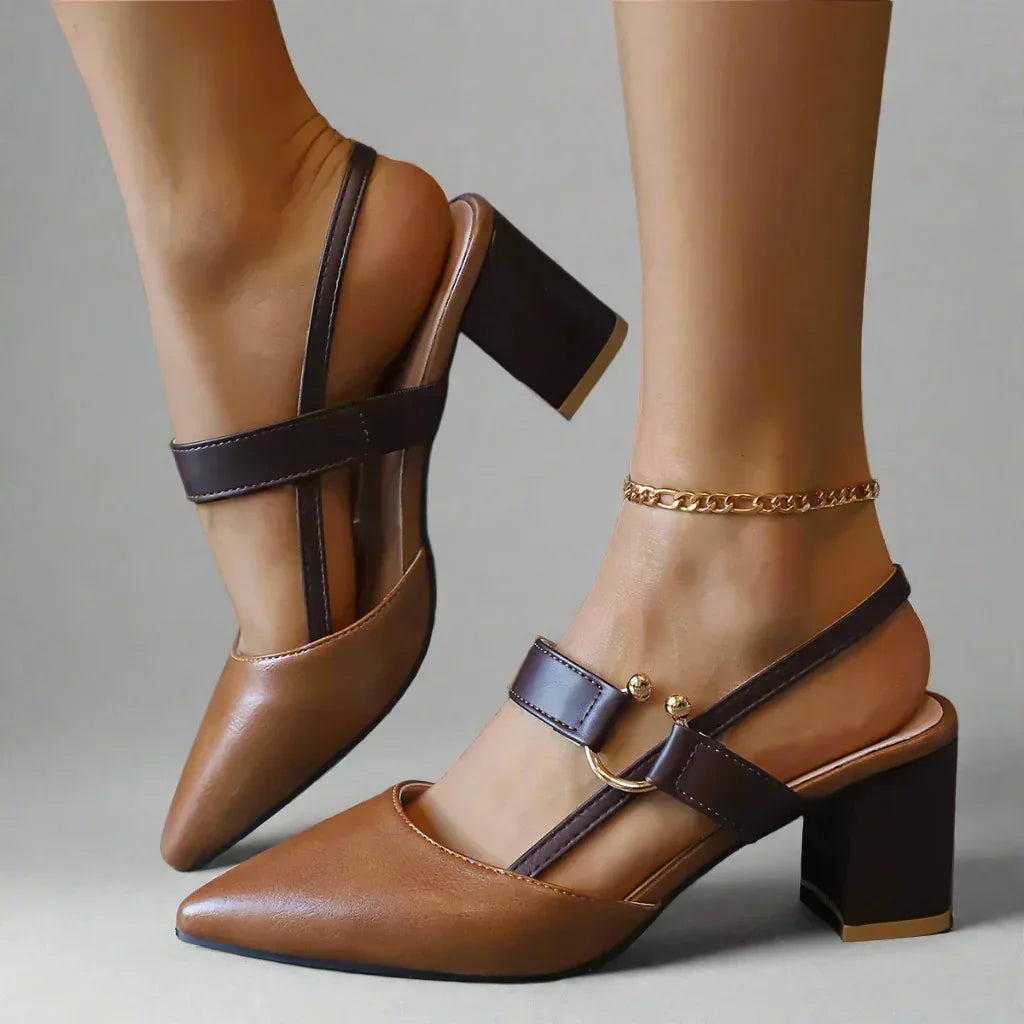 Block Heel Slingback Shoes with Gold Ring Detail