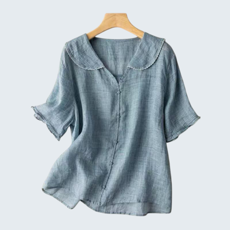 Linen Blouse with Scalloped Collar and Relaxed Fit