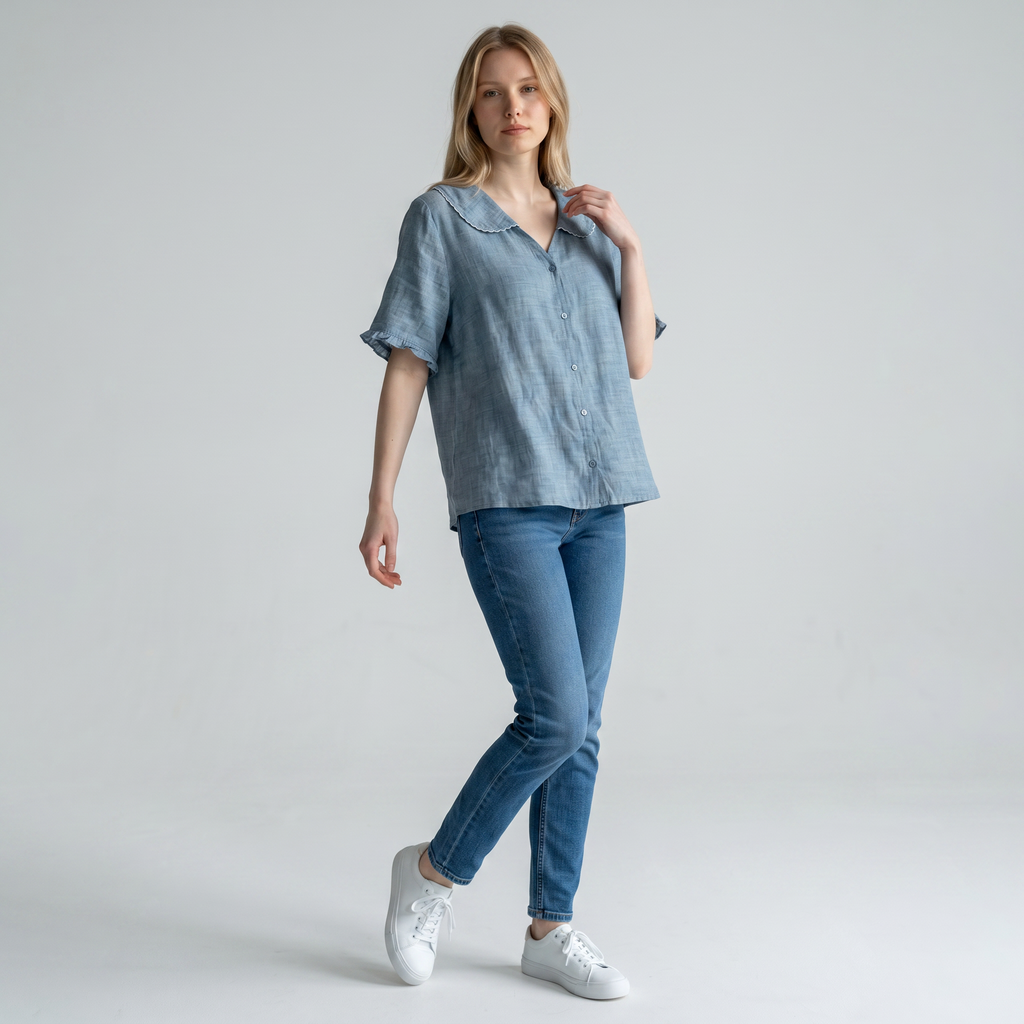 Linen Blouse with Scalloped Collar and Relaxed Fit