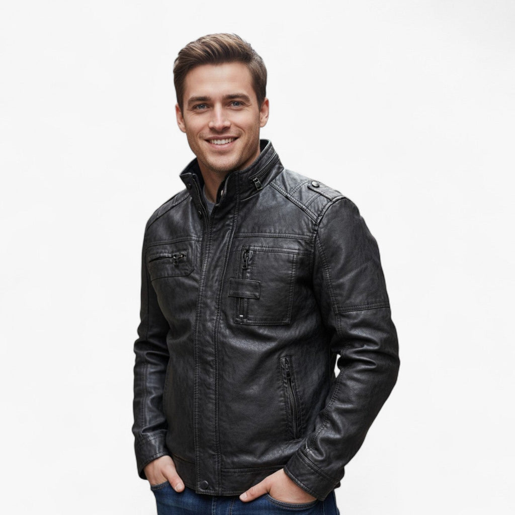 Men's faux leather jacket with a classic collar detail