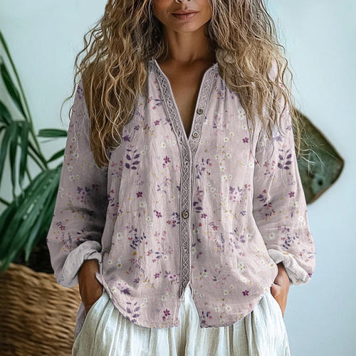 Boho Floral Print Linen Blouse with V-Neckline