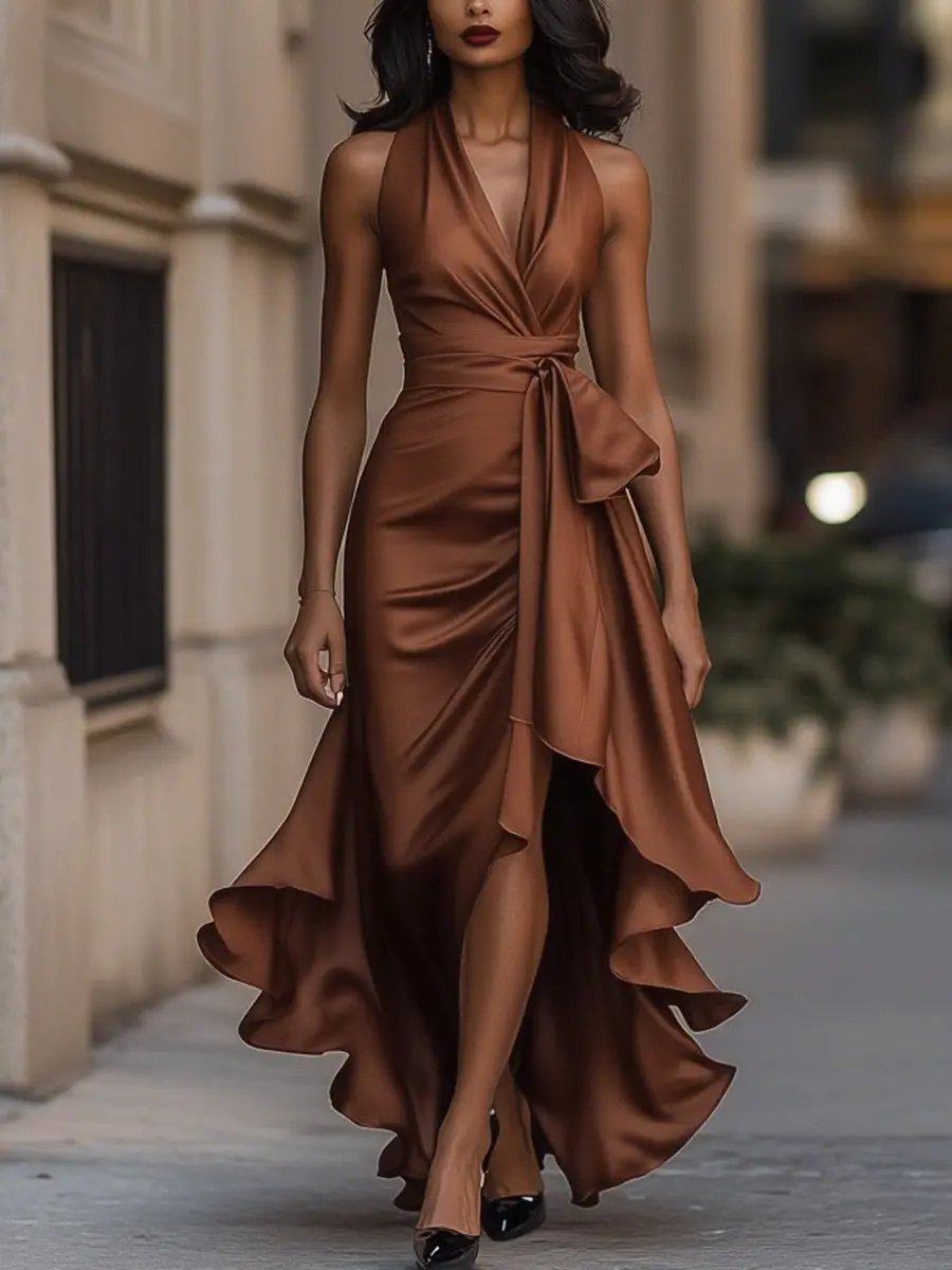 Halter Neck Sleeveless Dress with Striking Line
