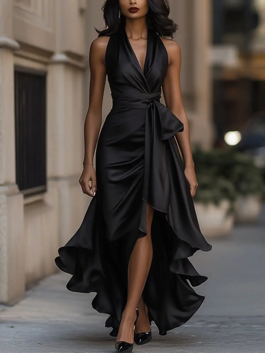 Halter Neck Sleeveless Dress with Striking Line