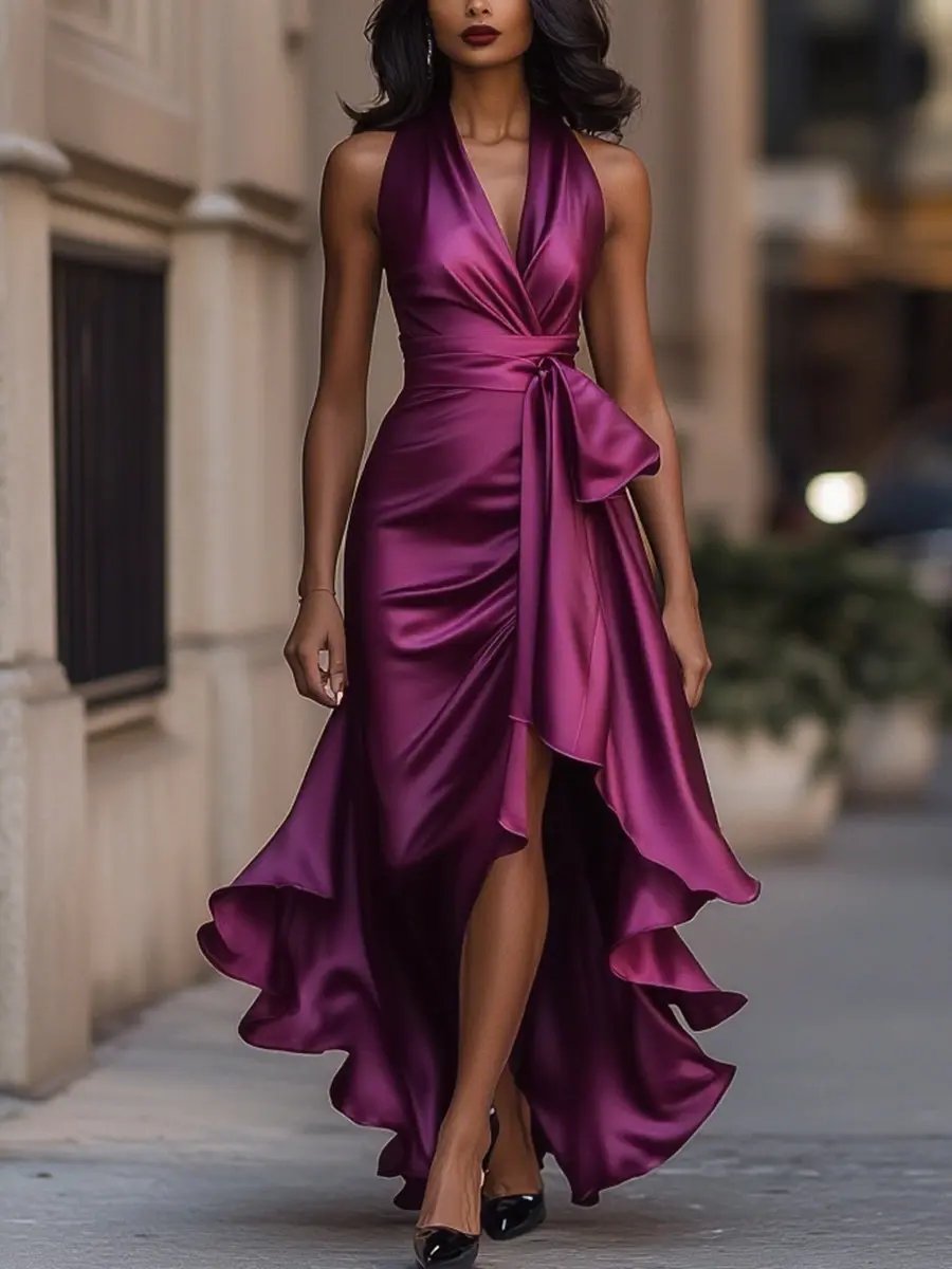 Halter Neck Sleeveless Dress with Striking Line
