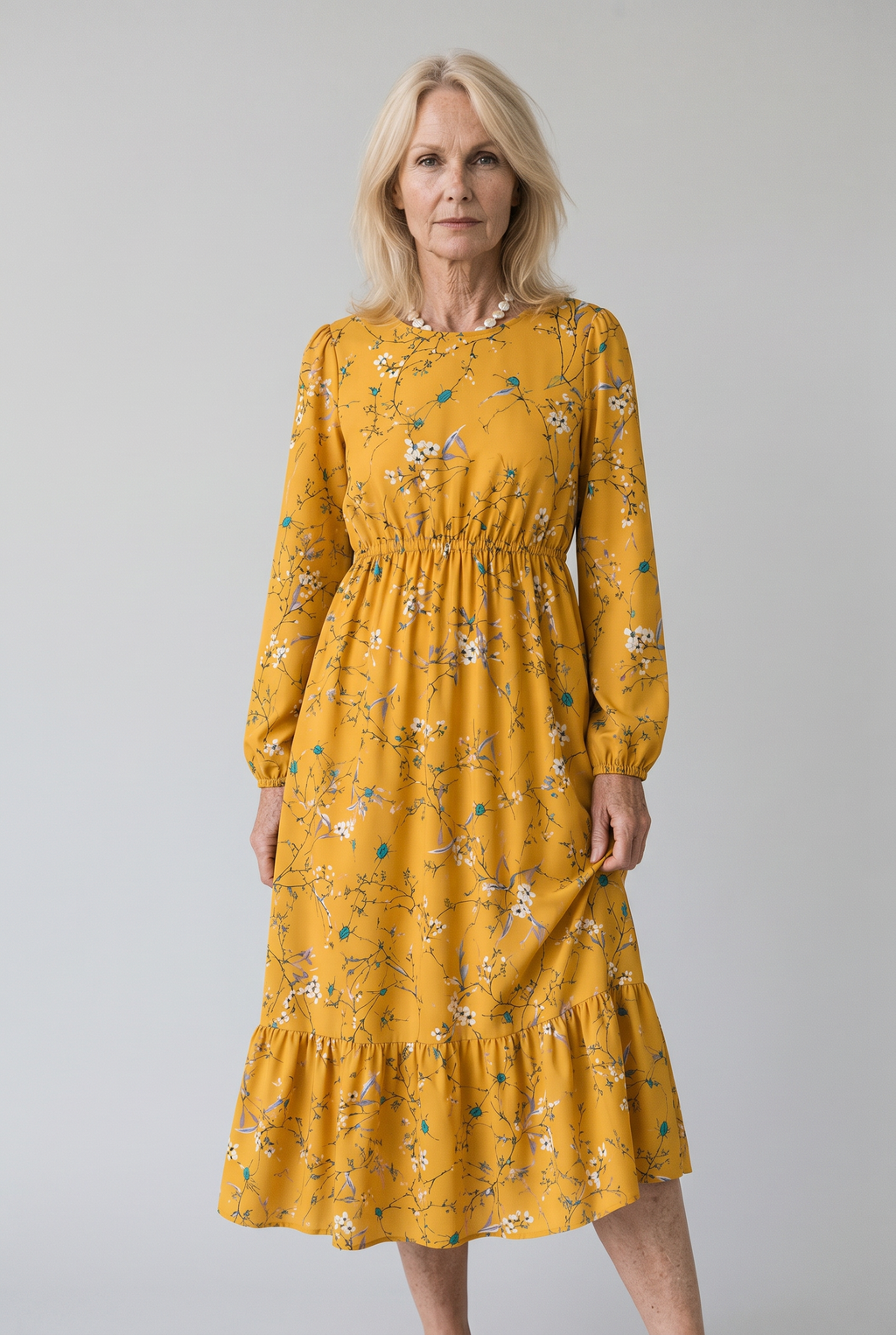 Floral Print Long-Sleeve Dress with Waist Seam