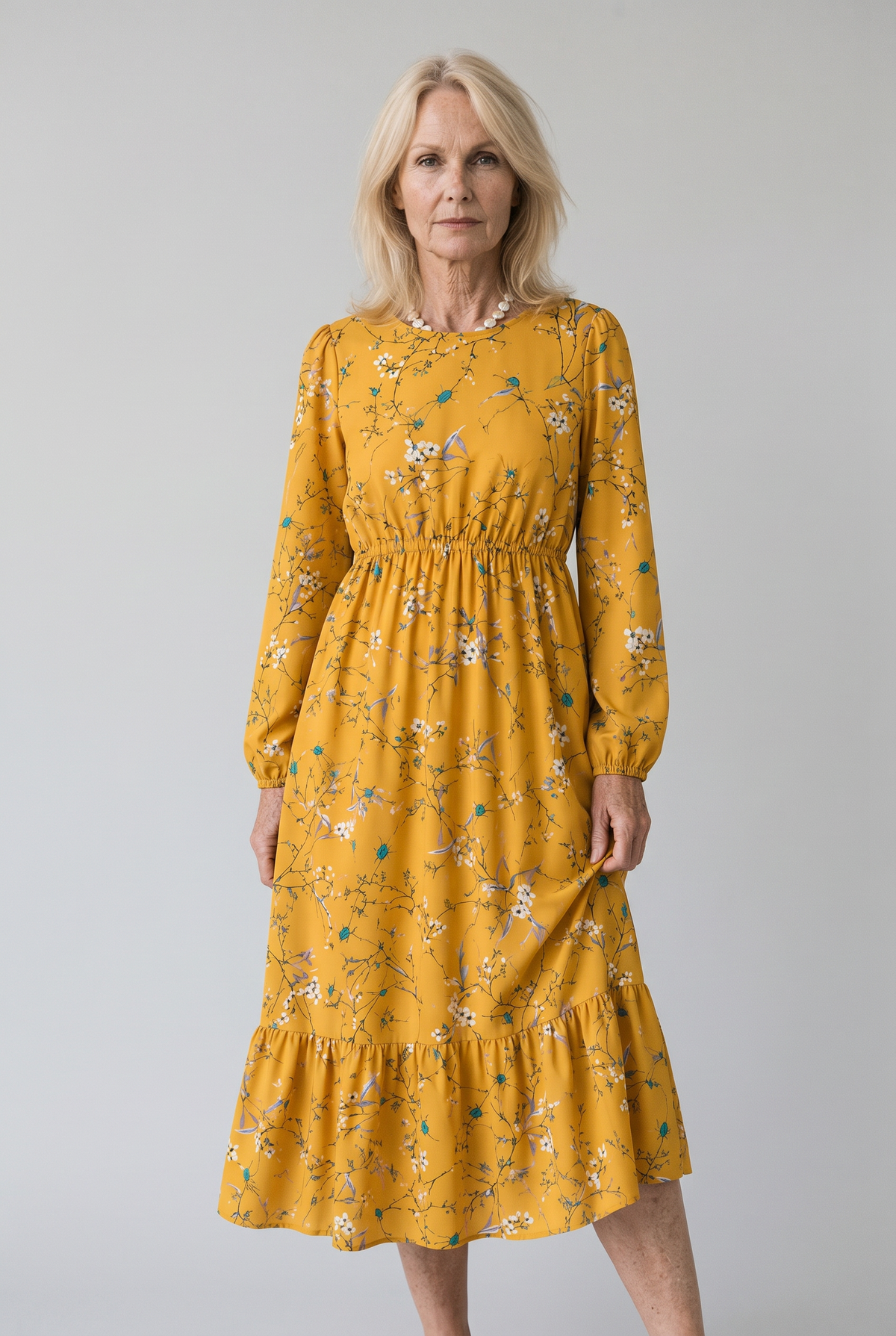 Floral Print Long-Sleeve Dress with Waist Seam