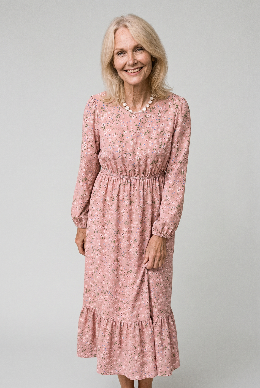Floral Print Long-Sleeve Dress with Waist Seam