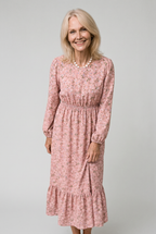 Floral Print Long-Sleeve Dress with Waist Seam
