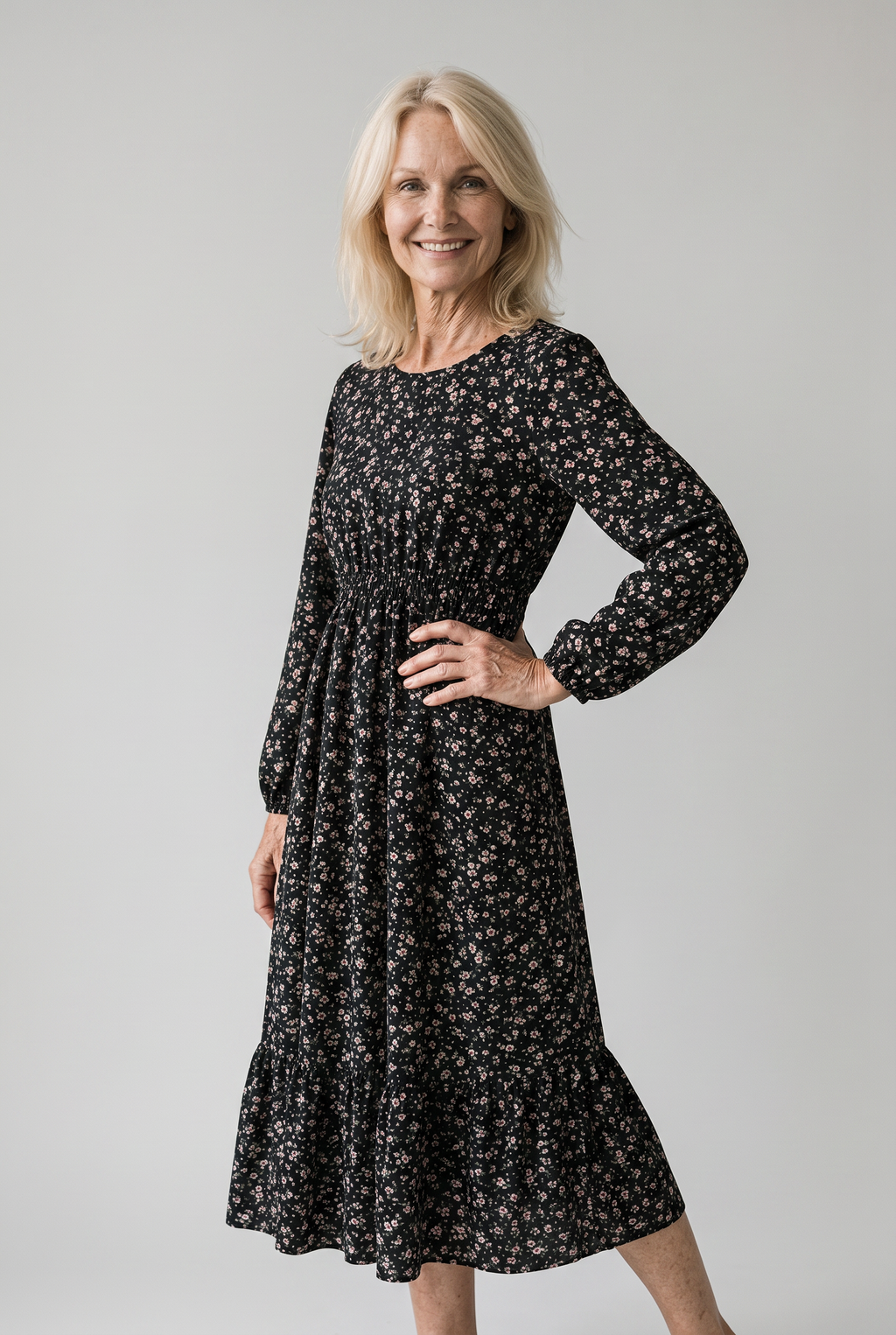 Floral Print Long-Sleeve Dress with Waist Seam
