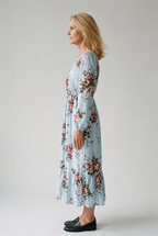Floral Print Long-Sleeve Dress with Waist Seam