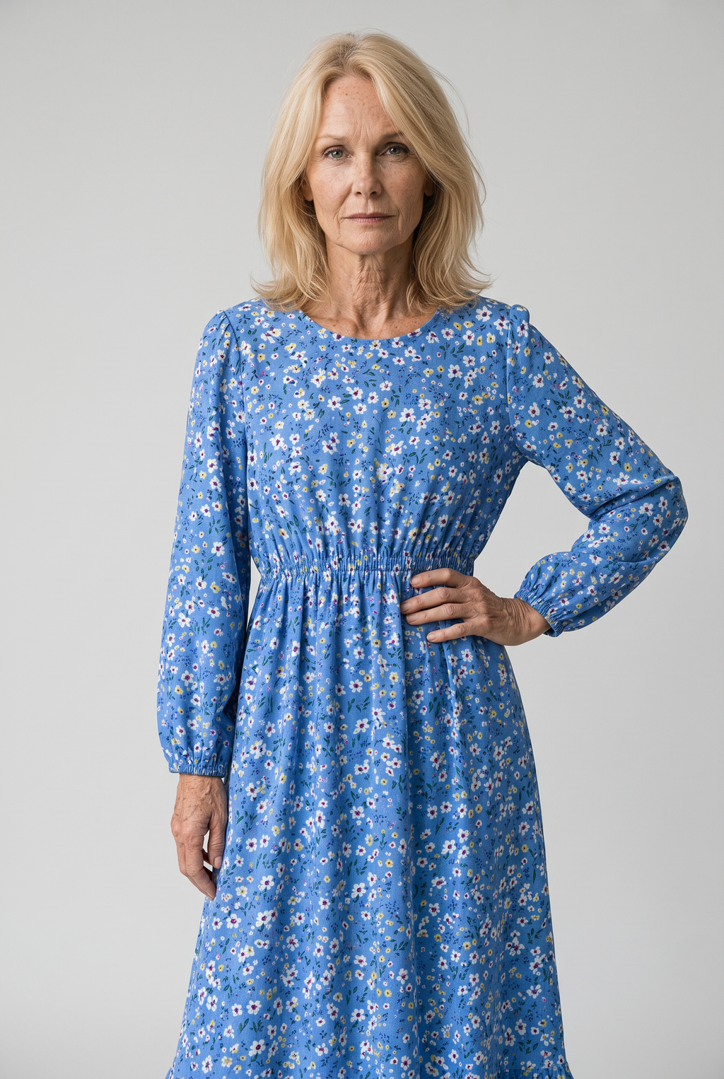 Floral Print Long-Sleeve Dress with Waist Seam