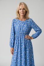 Floral Print Long-Sleeve Dress with Waist Seam