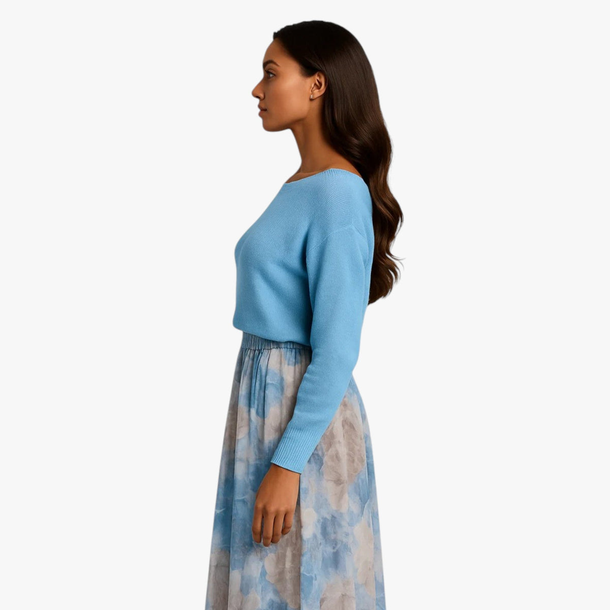 Conjunto de dos piezas de jersey de punto azul y falda floral