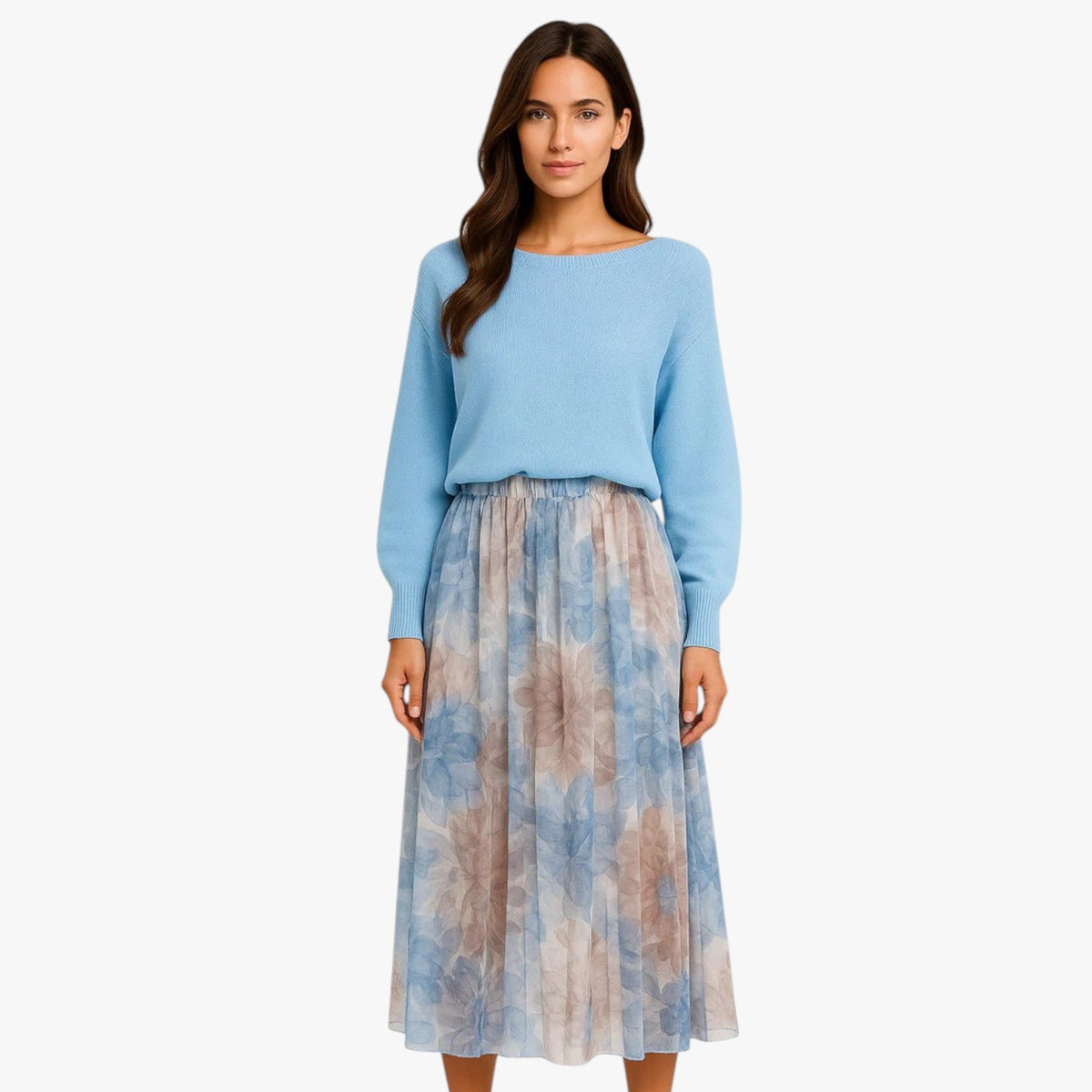 Conjunto de dos piezas de jersey de punto azul y falda floral
