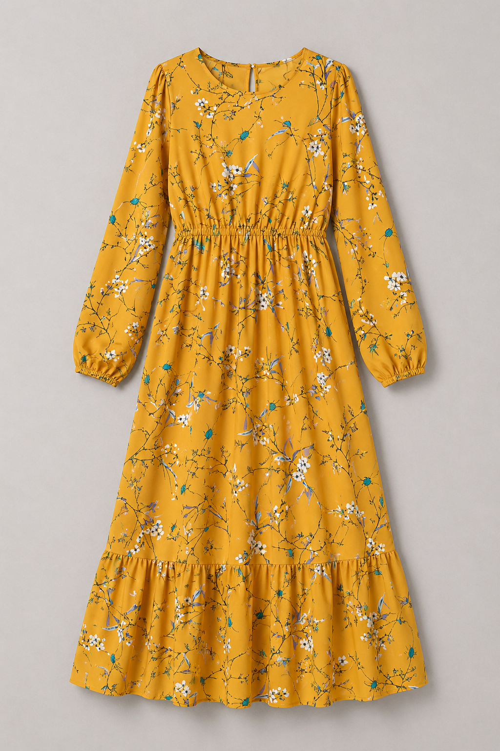 Floral Print Long-Sleeve Dress with Waist Seam