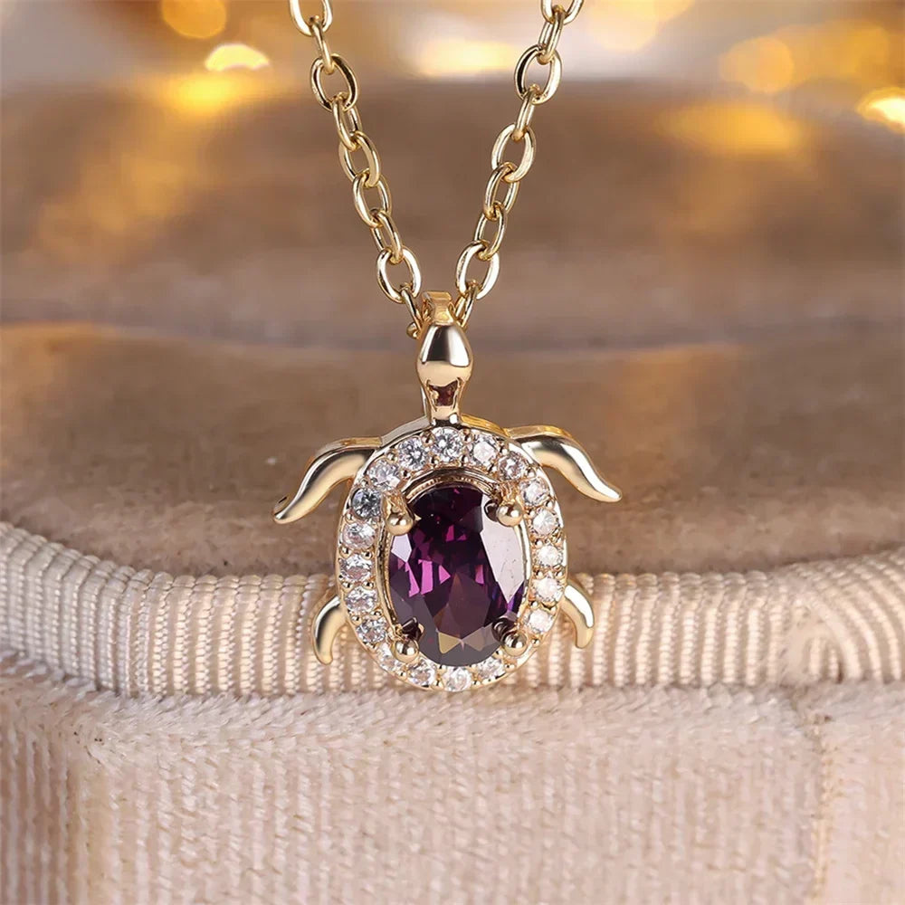 Purple Crystal Turtle Pendant Necklace with Sparkling Shell