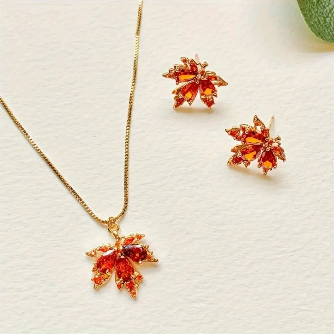 Orange Crystal Autumn Leaf Pendant Necklace with Warm Sparkle