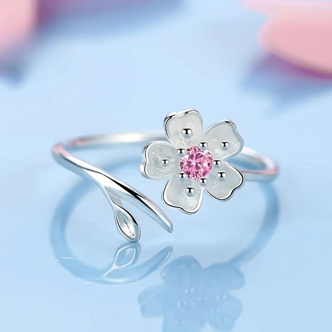 White Blossom Ring with Pink and White Zirconia Petals