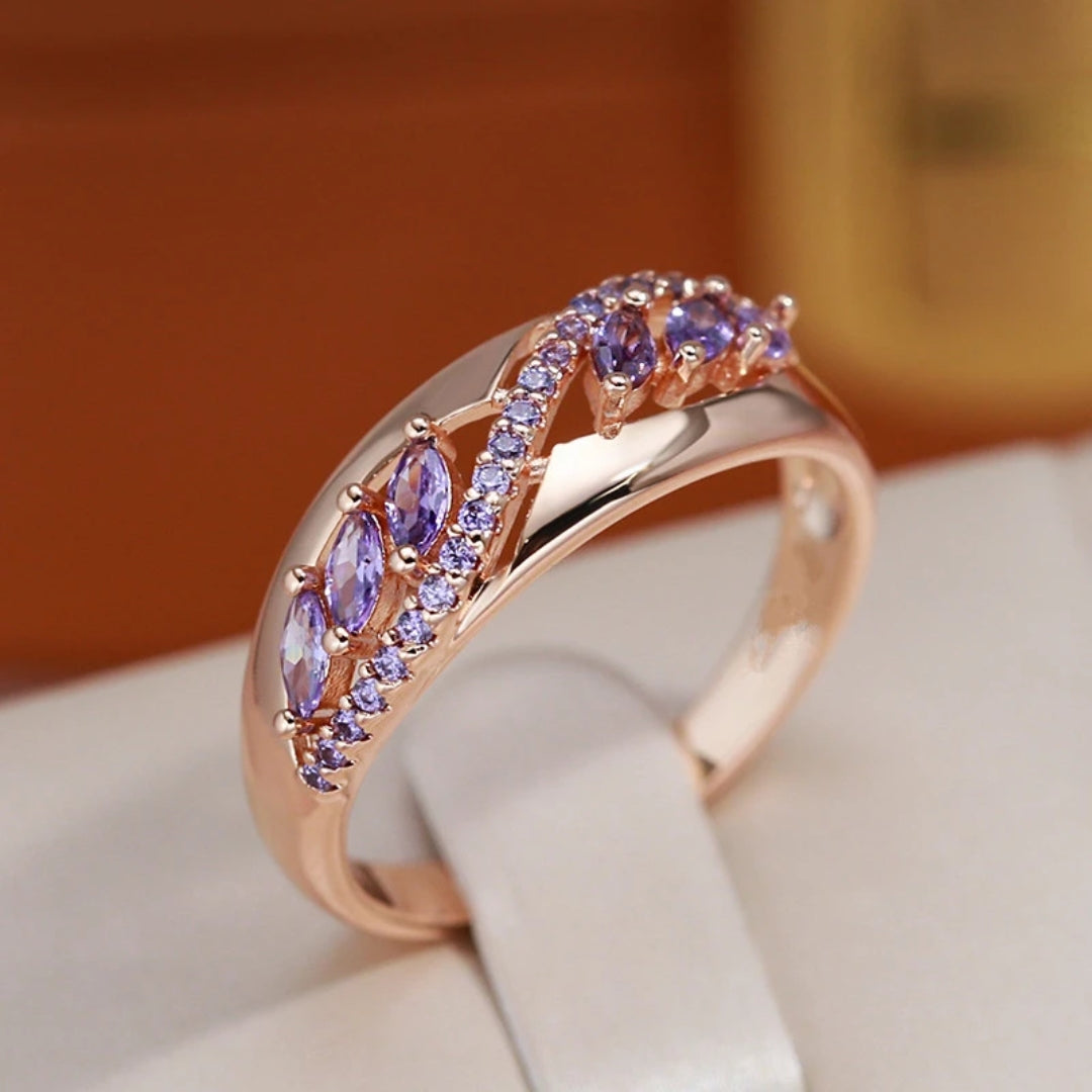 Violet Crystal Ring with Hollow Setting in Gold Colour