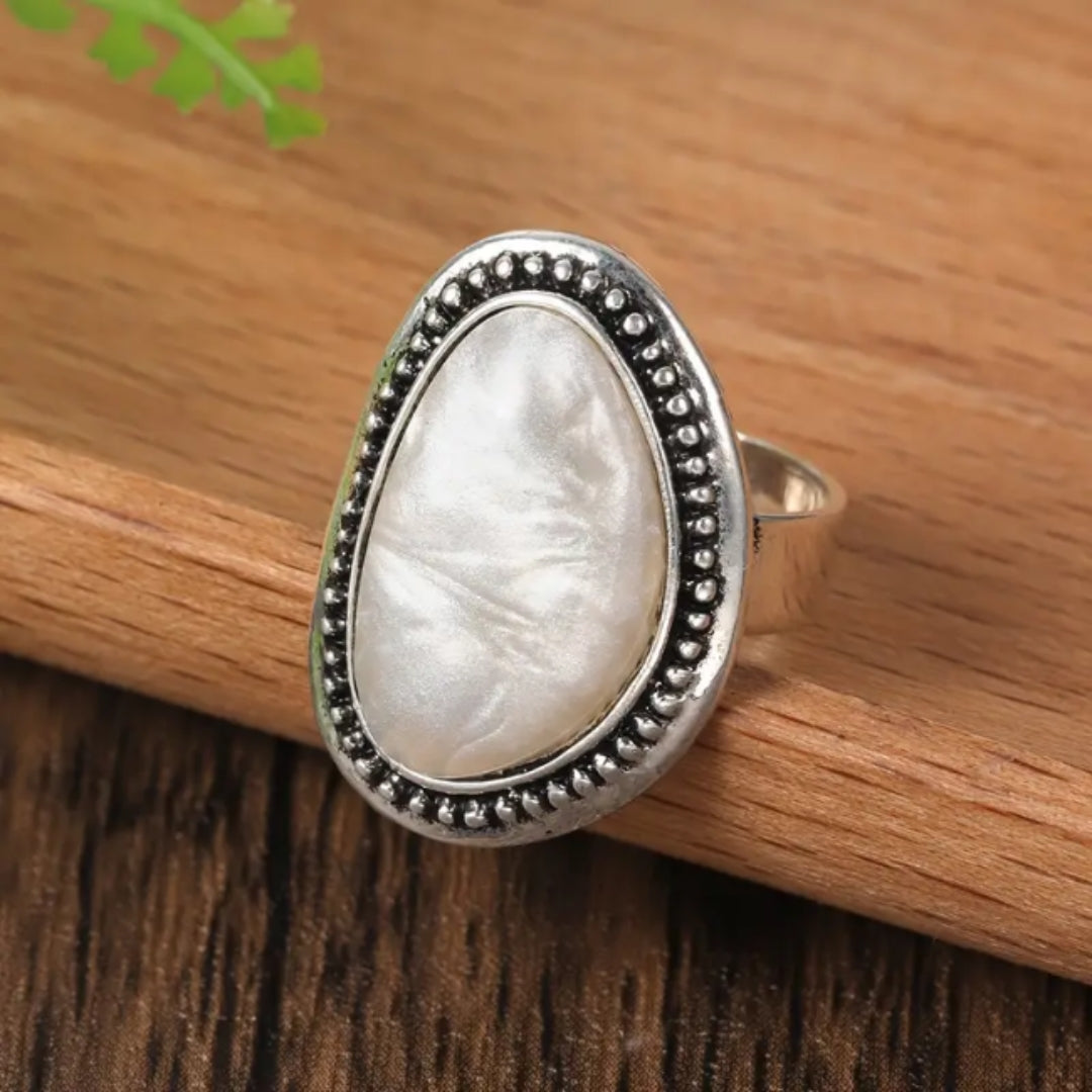 Oval White Stone Ring with Setting in Silver Colour