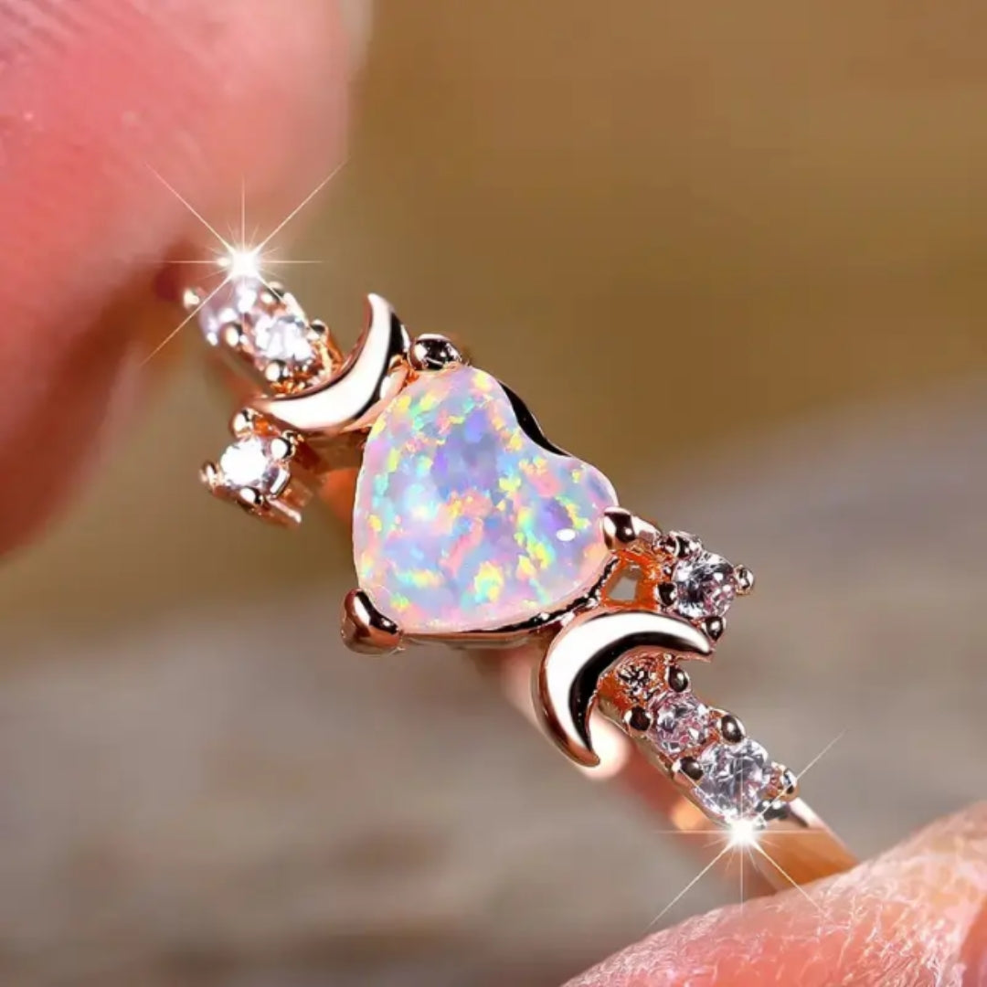 Iridescent White Stone Moon Ring with Crescent Design