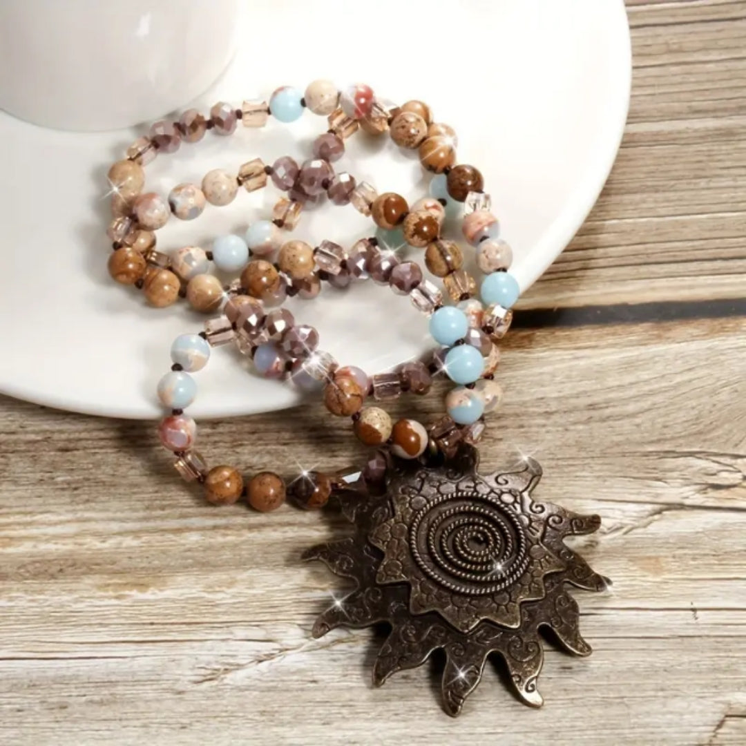 Sun Pendant Necklace with Colourful Stones and Cheerful Rays