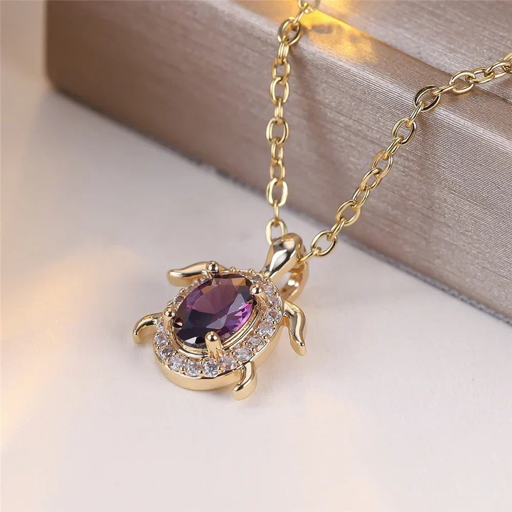 Purple Crystal Turtle Pendant Necklace with Sparkling Shell