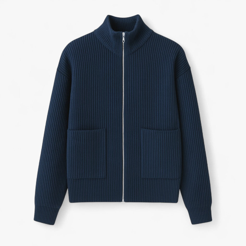 Full-Zip Knit Sweater with Stand Collar and Pockets