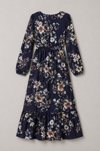 Floral Print Long-Sleeve Dress with Waist Seam