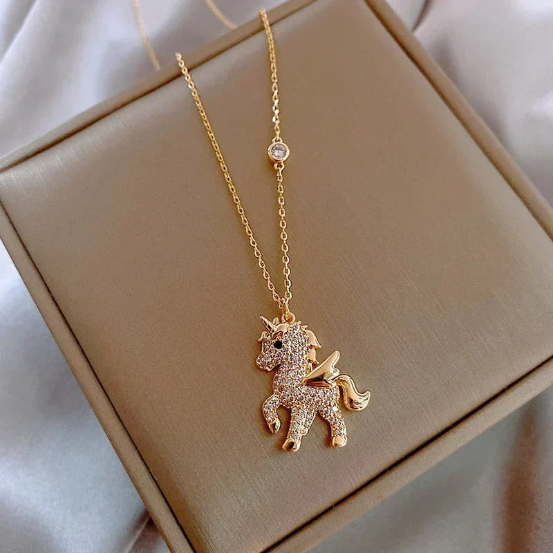 Unicorn Pendant Necklace with Zirconia in Gold Colour