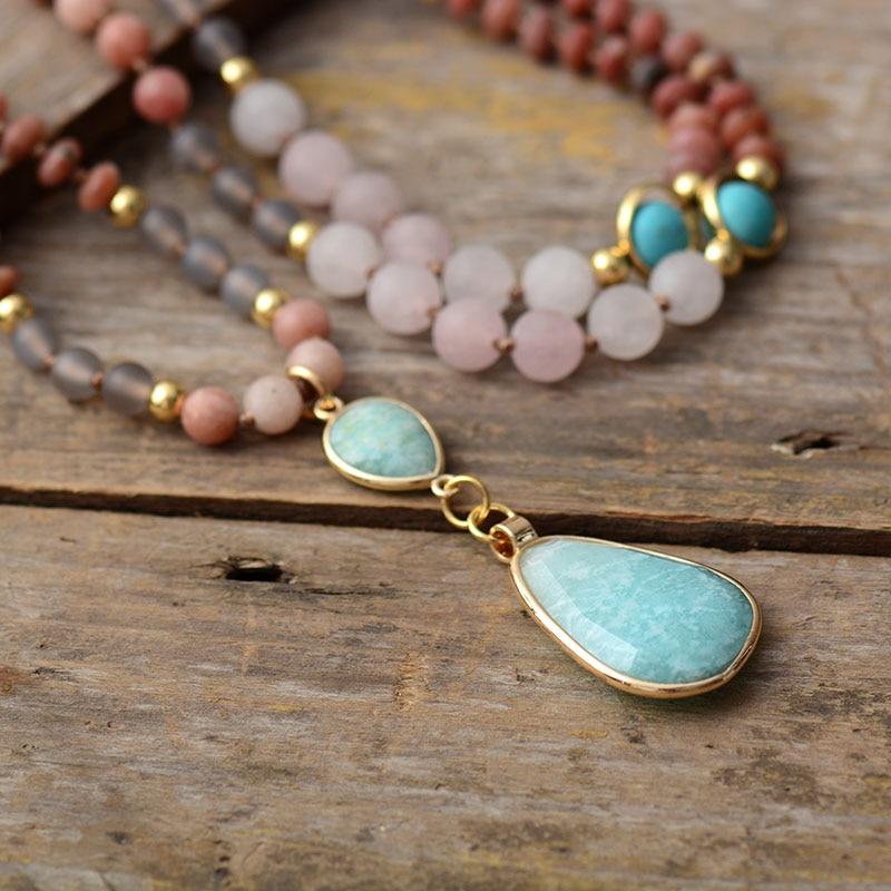Amazonite and Rose Quartz Beaded Mala-Style Necklace
