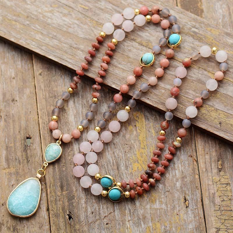 Amazonite and Rose Quartz Beaded Mala-Style Necklace