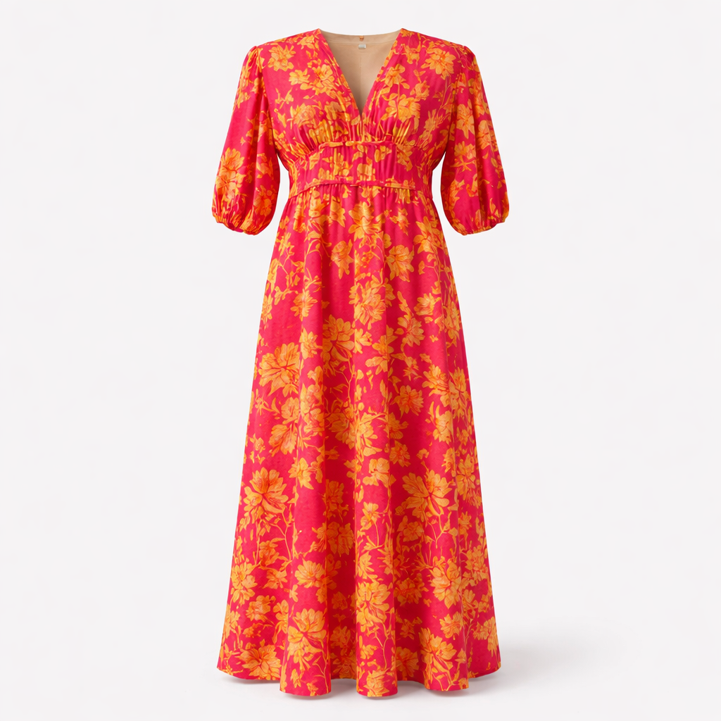 Floral Puff-Sleeve Maxi Dress with a Fitted Waist